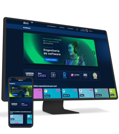 Monitor e celular com Alura plus aberto.